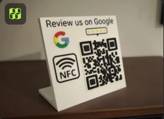Custom NFC review tags displayed on a tabletop